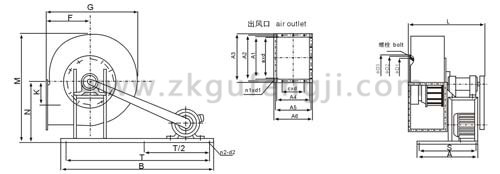 該風(fēng)機(jī)重要由葉輪、進(jìn)風(fēng)口、機(jī)殼、傳動(dòng)部分與C4-73系列排塵離心風(fēng)機(jī)安裝尺寸圖